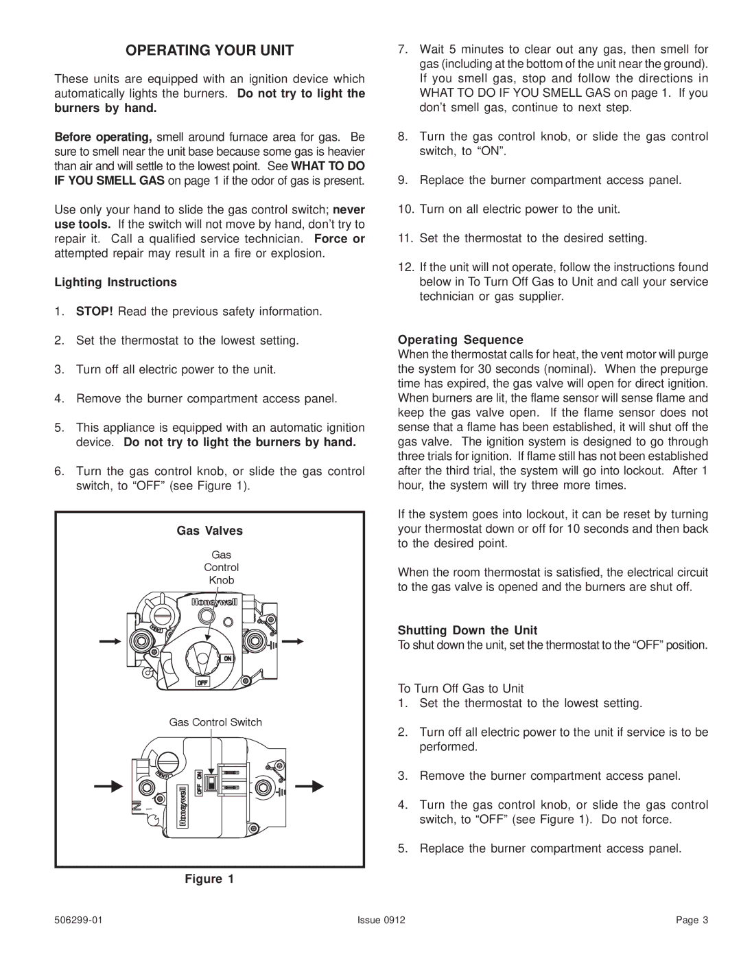 Allied Air Enterprises 506299-01 warranty Operating Your Unit, Lighting Instructions, Gas Valves, Operating Sequence 