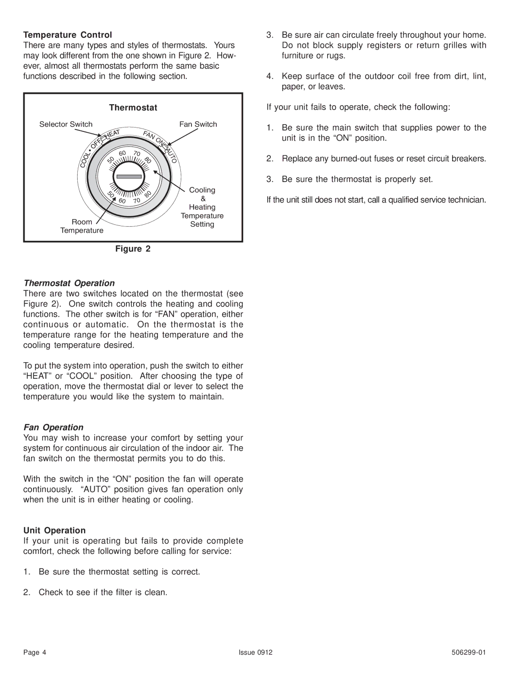 Allied Air Enterprises 506299-01 warranty Temperature Control, Thermostat, Unit Operation 