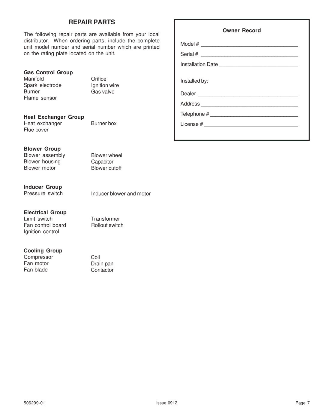 Allied Air Enterprises 506299-01 warranty Repair Parts 