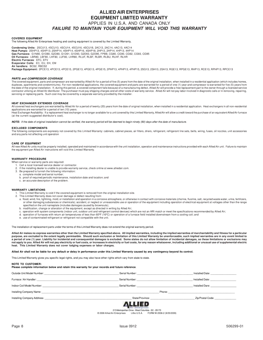 Allied Air Enterprises 506299-01 warranty Allied AIR Enterprises Equipment Limited Warranty 