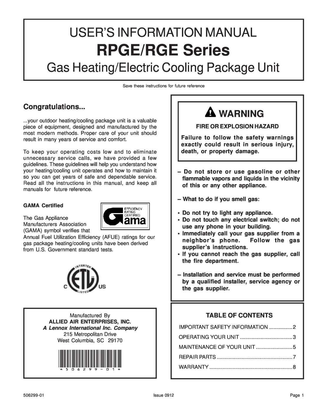 Allied Air Enterprises 506299-01 warranty Congratulations, Table Of Contents, RPGE/RGE Series, User’S Information Manual 