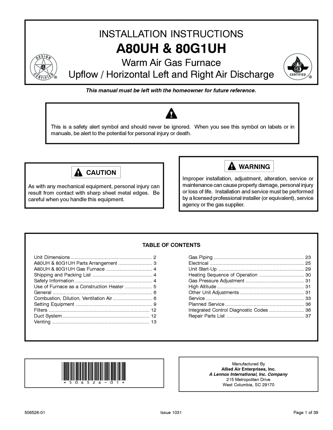 Allied Air Enterprises installation instructions Table Of Contents, A80UH & 80G1UH, Installation Instructions 
