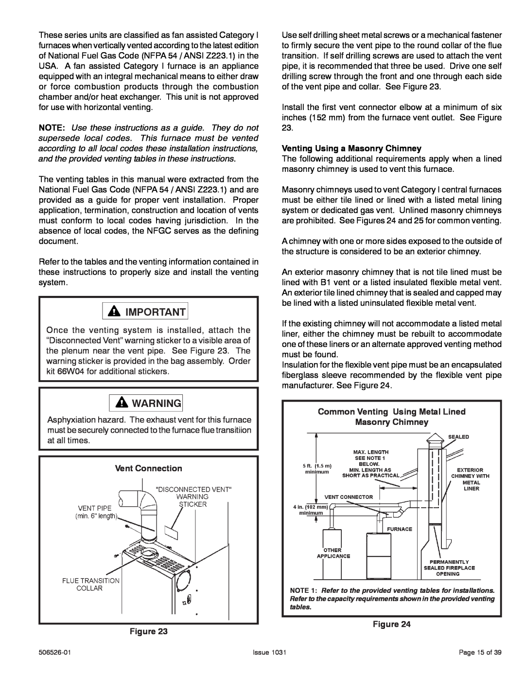 Allied Air Enterprises 80G1UH, A80UH Vent Connection Figure, Venting Using a Masonry Chimney, Issue, Page 15 of 
