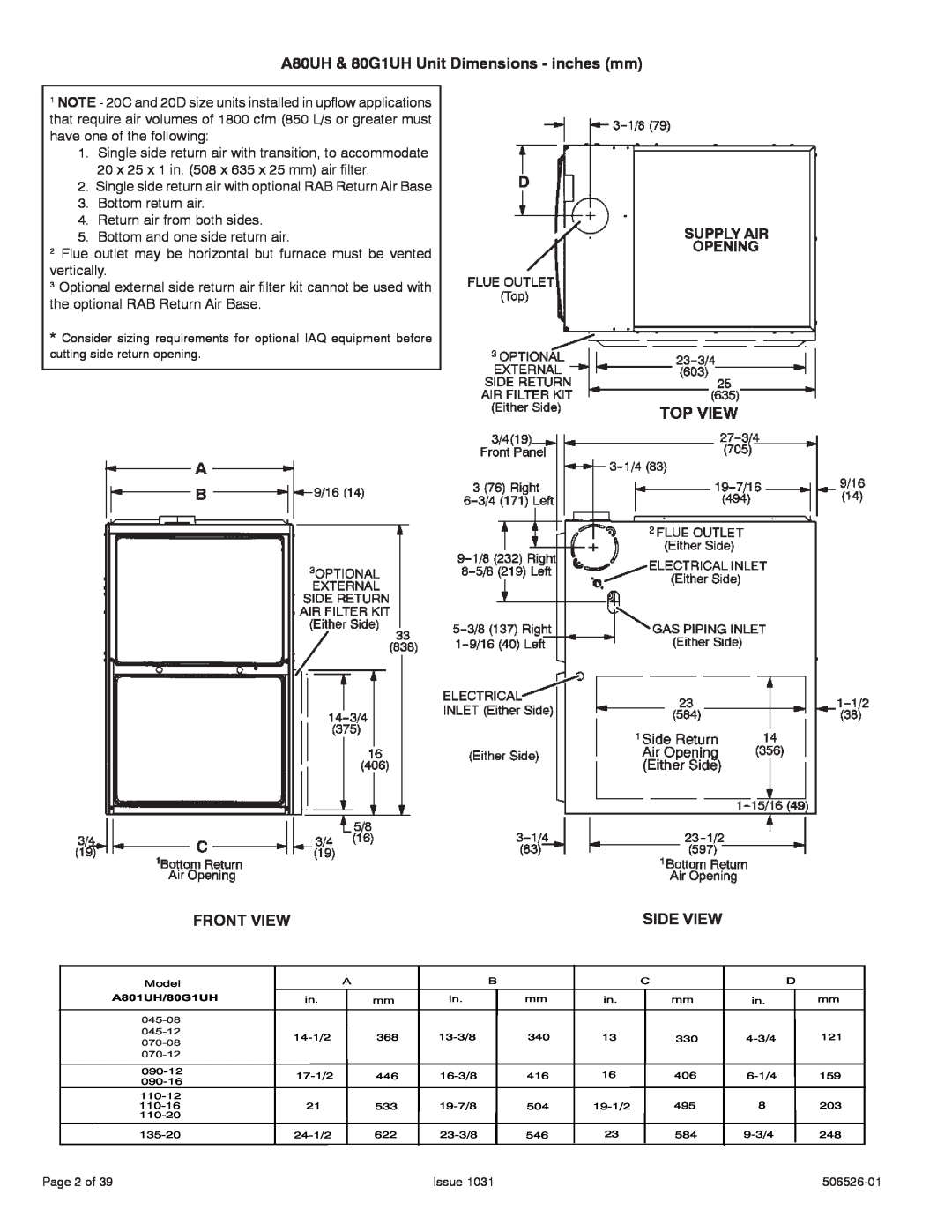 Allied Air Enterprises installation instructions A80UH & 80G1UH Unit Dimensions - inches mm, Front View, Side View 
