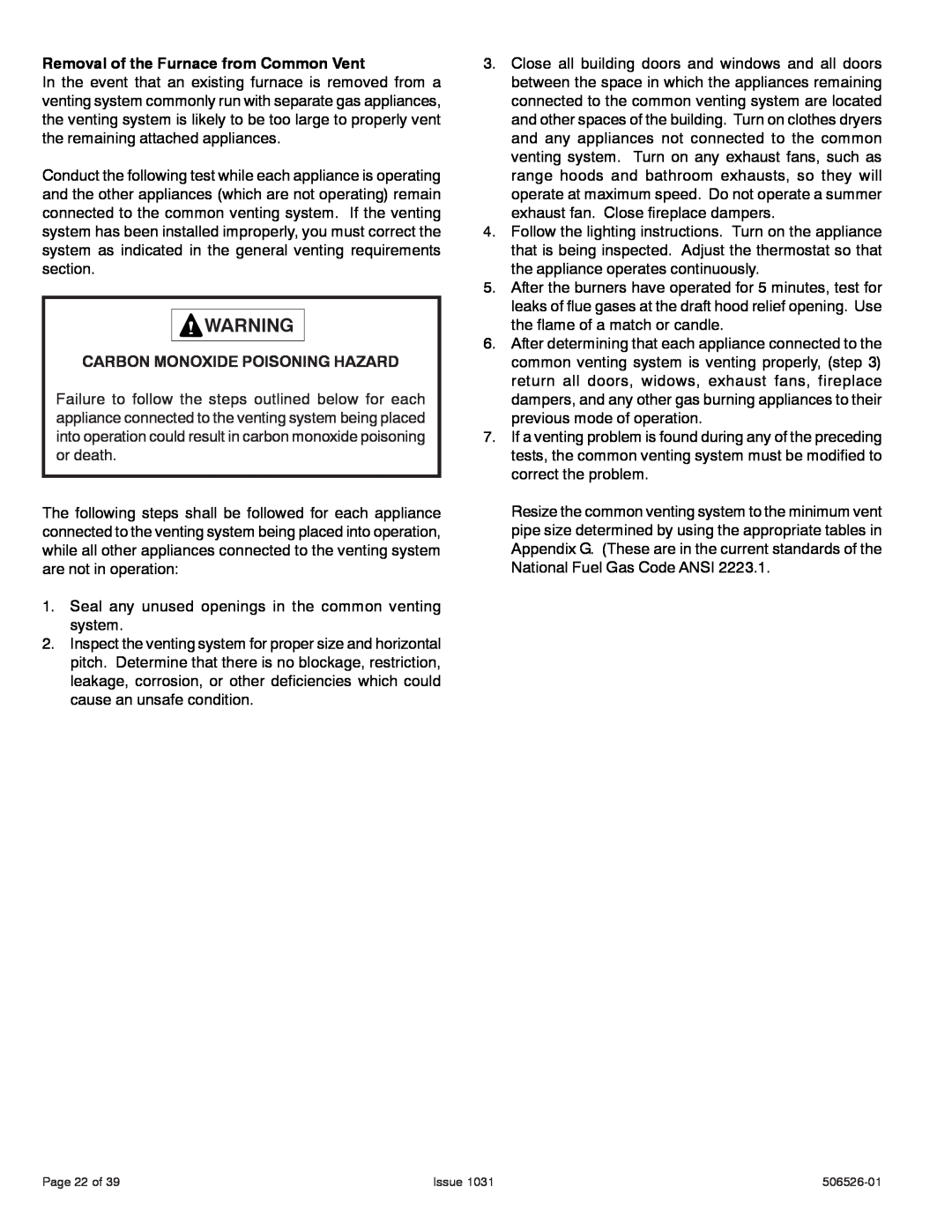 Allied Air Enterprises A80UH Removal of the Furnace from Common Vent, Carbon Monoxide Poisoning Hazard, Page 22 of, Issue 