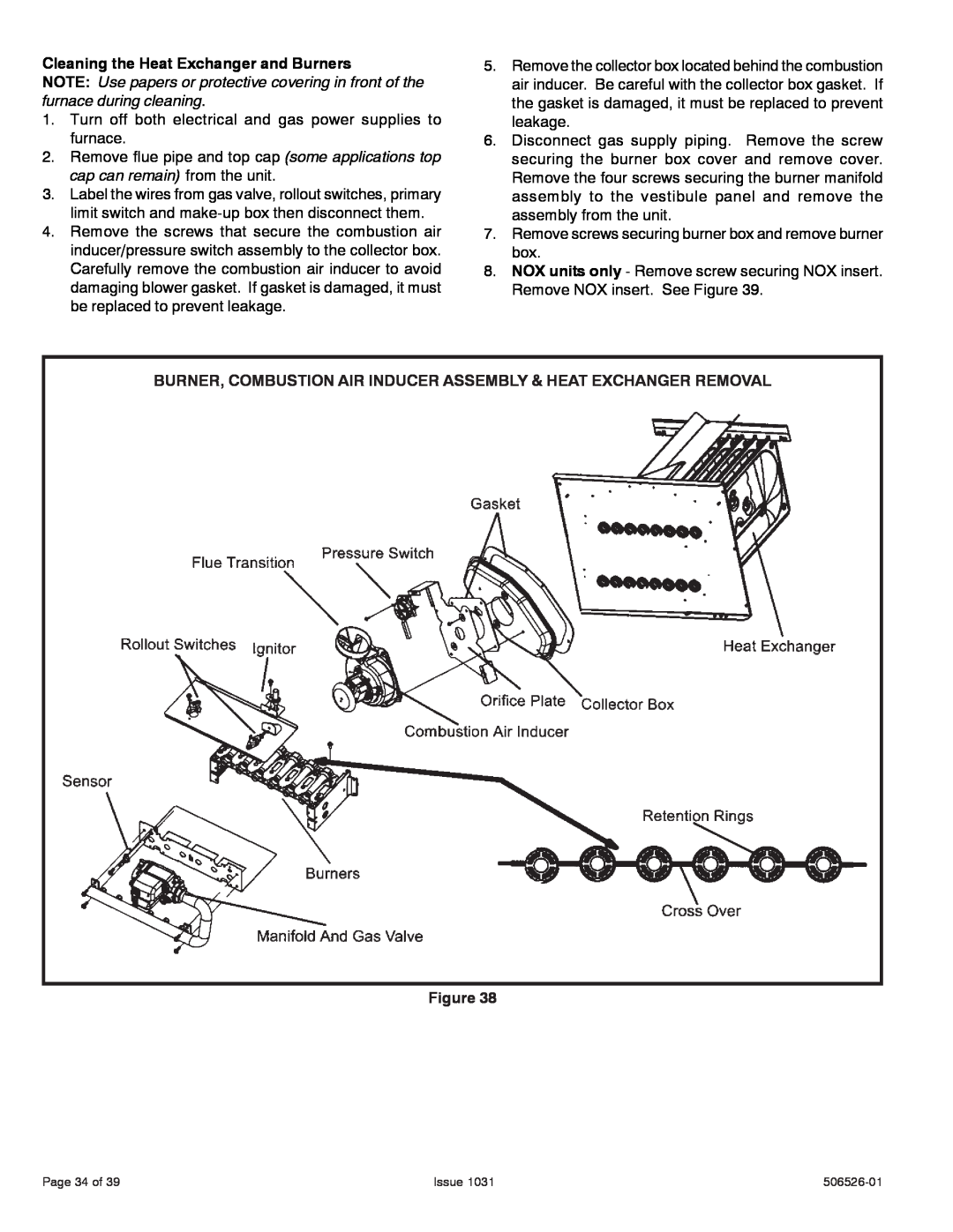 Allied Air Enterprises A80UH, 80G1UH Cleaning the Heat Exchanger and Burners, Page 34 of, Issue, 506526-01 