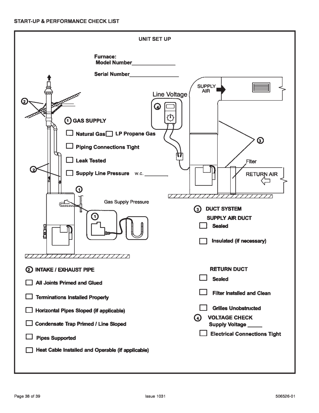 Allied Air Enterprises A80UH, 80G1UH Start-Up& Performance Check List Unit Set Up, Page 38 of, Issue, 506526-01 