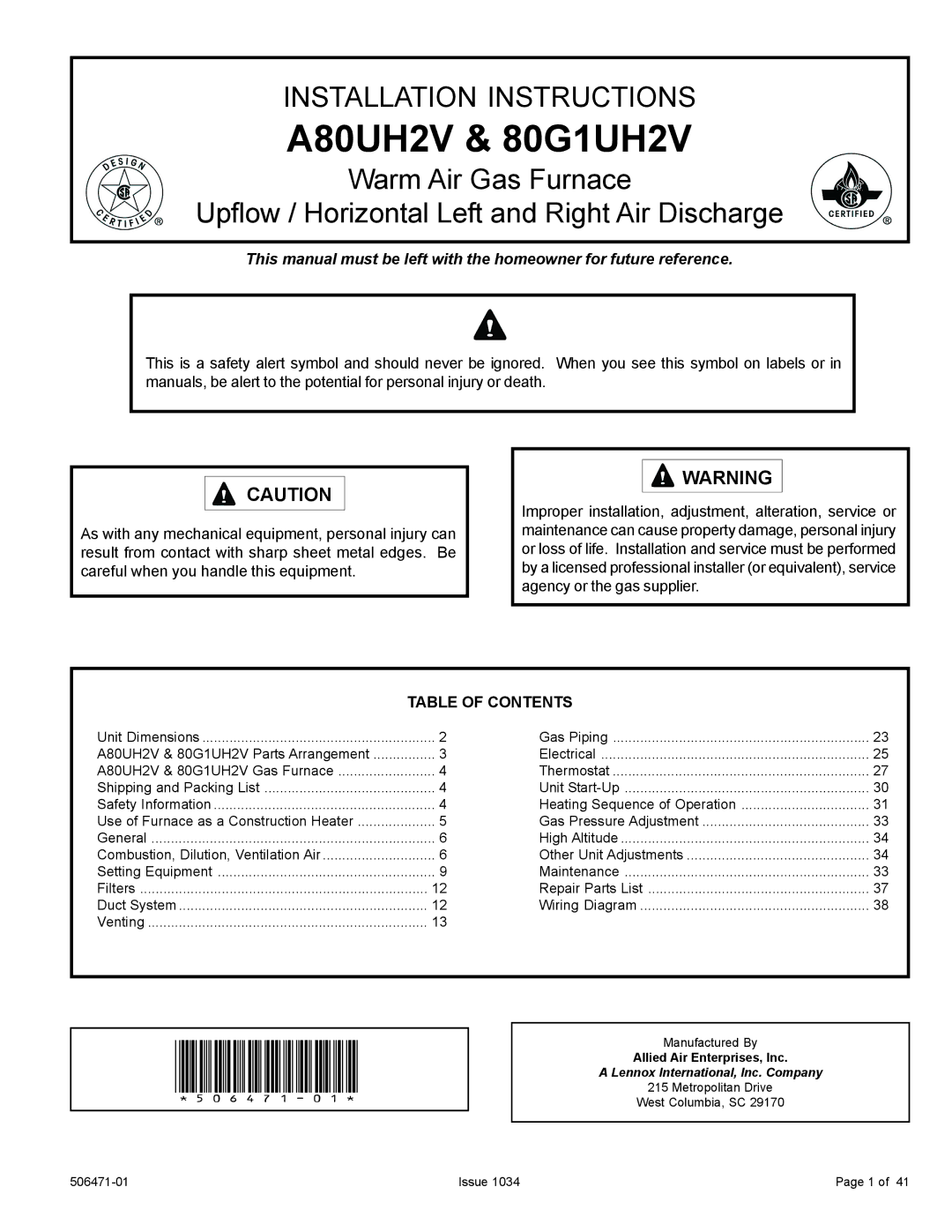 Allied Air Enterprises installation instructions A80UH2V & 80G1UH2V, Table of Contents 