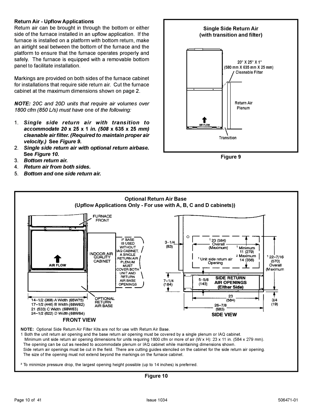 Allied Air Enterprises A80UH2V, 80G1UH2V installation instructions Return Air Upflow Applications, Front View 