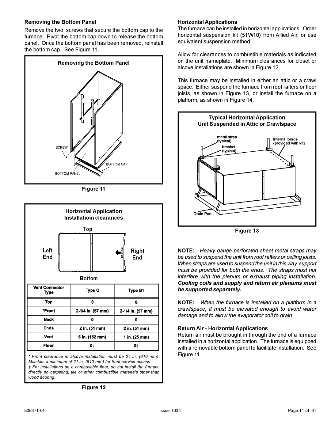 Allied Air Enterprises 80G1UH2V, A80UH2V Removing the Bottom Panel, Return Air Horizontal Applications 