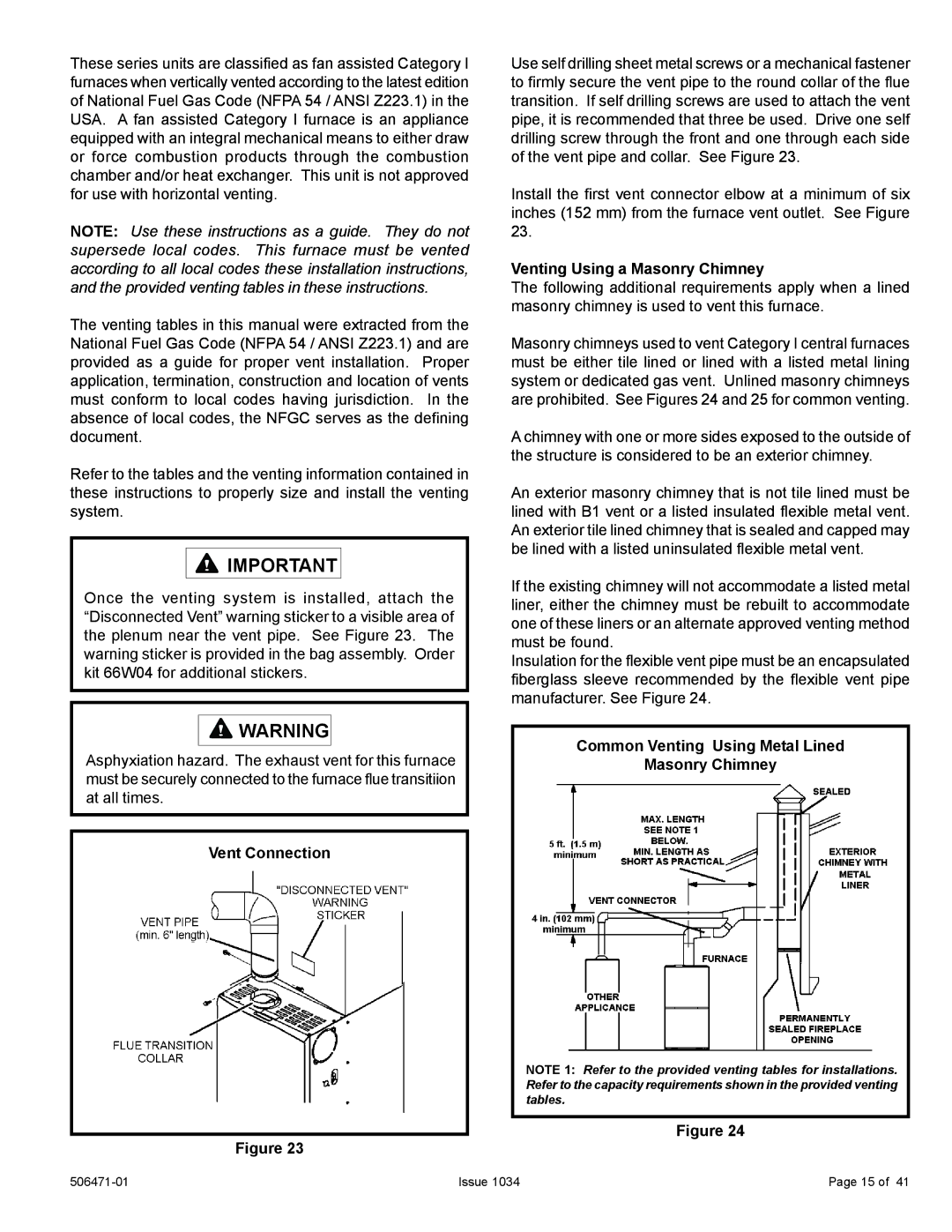 Allied Air Enterprises 80G1UH2V, A80UH2V installation instructions Vent Connection, Venting Using a Masonry Chimney 