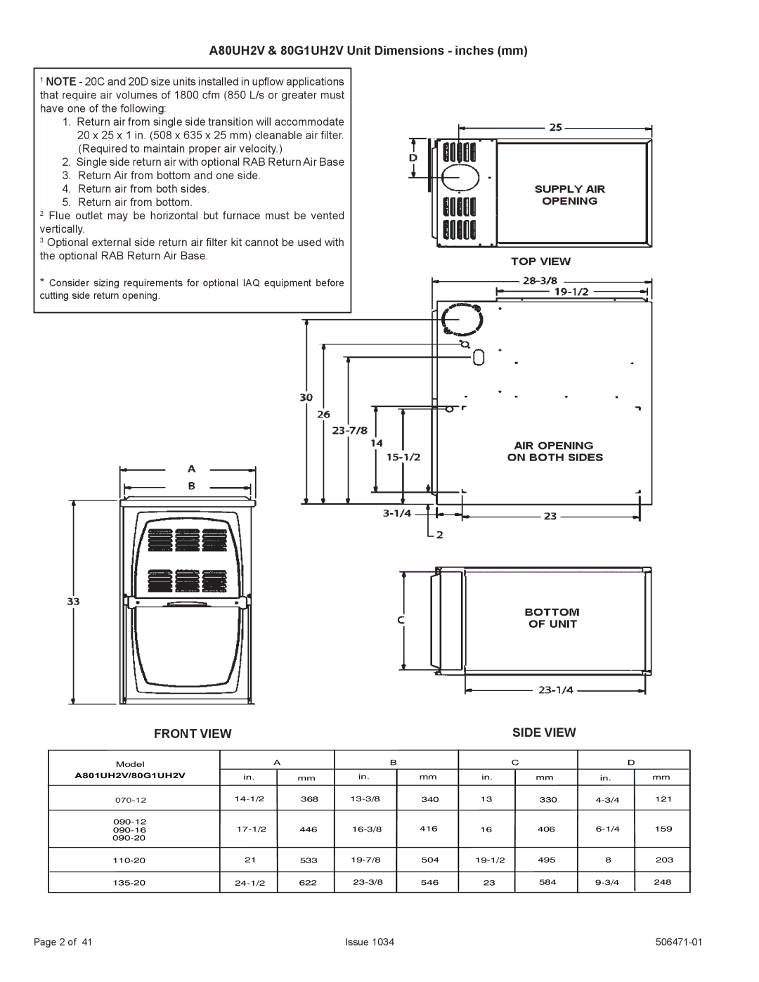 Allied Air Enterprises installation instructions A80UH2V & 80G1UH2V Unit Dimensions inches mm, Front View Side View 