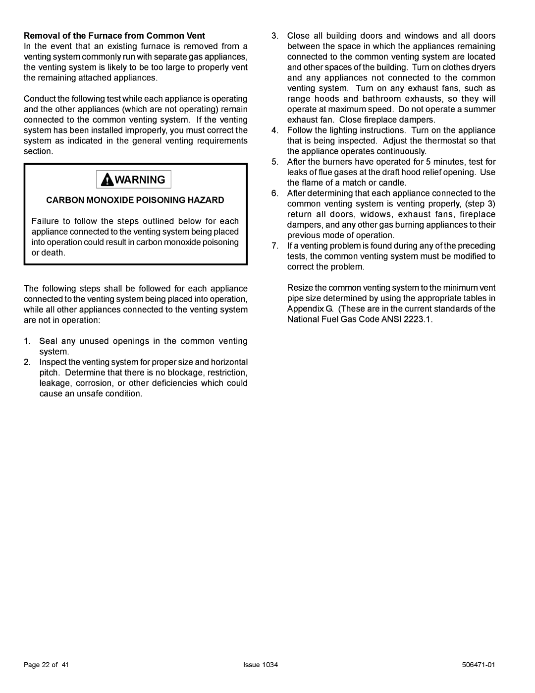 Allied Air Enterprises A80UH2V, 80G1UH2V Removal of the Furnace from Common Vent, Carbon Monoxide Poisoning Hazard 