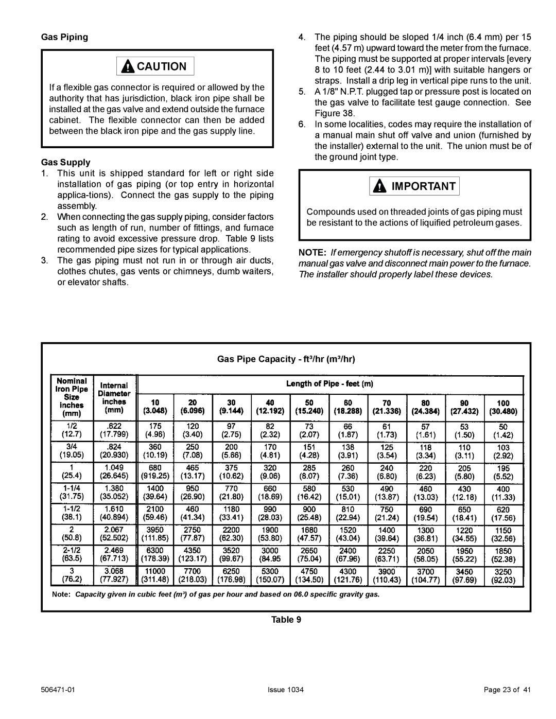 Allied Air Enterprises 80G1UH2V, A80UH2V installation instructions Gas Piping, Gas Supply, Gas Pipe Capacity ft³/hr m³/hr 