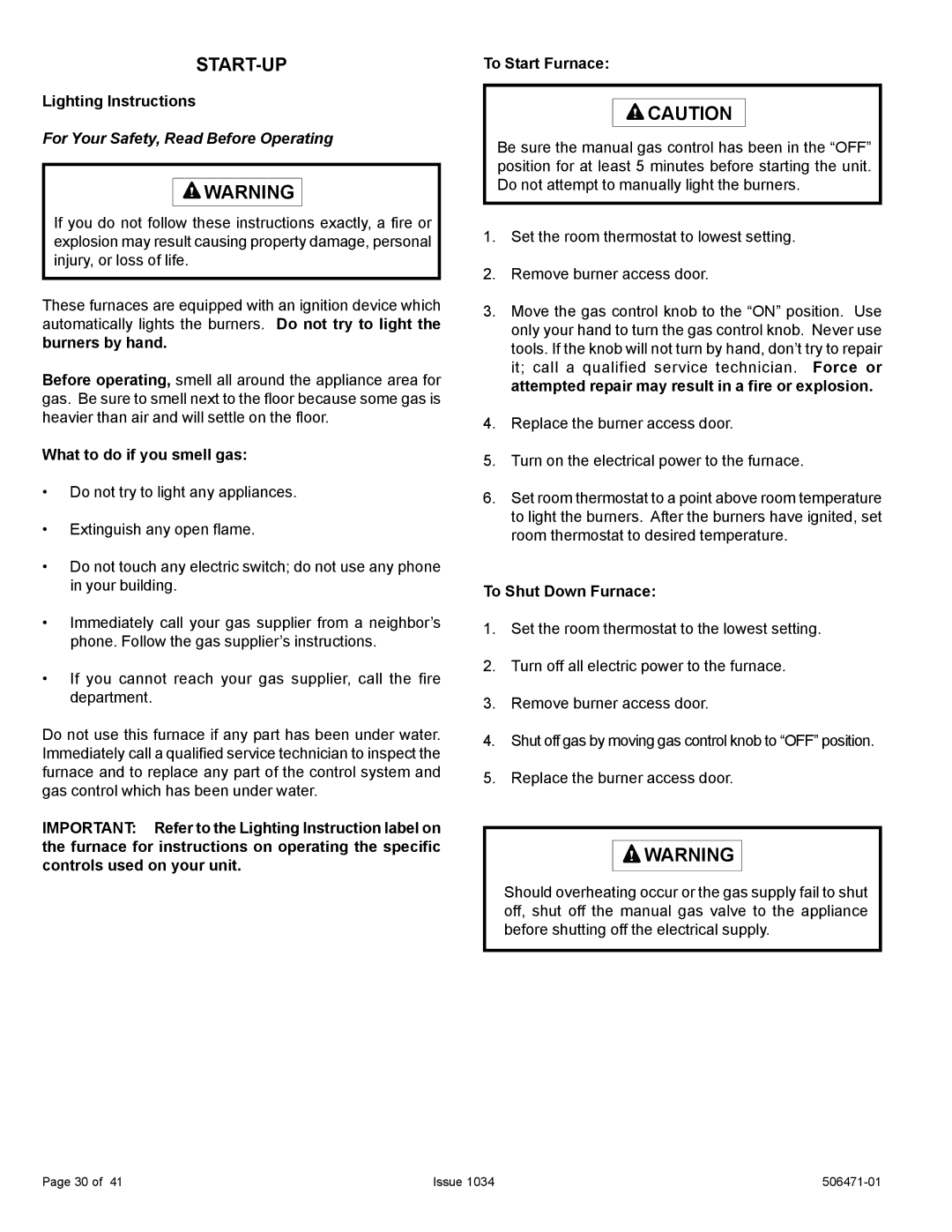 Allied Air Enterprises A80UH2V, 80G1UH2V Lighting Instructions, What to do if you smell gas, To Shut Down Furnace 