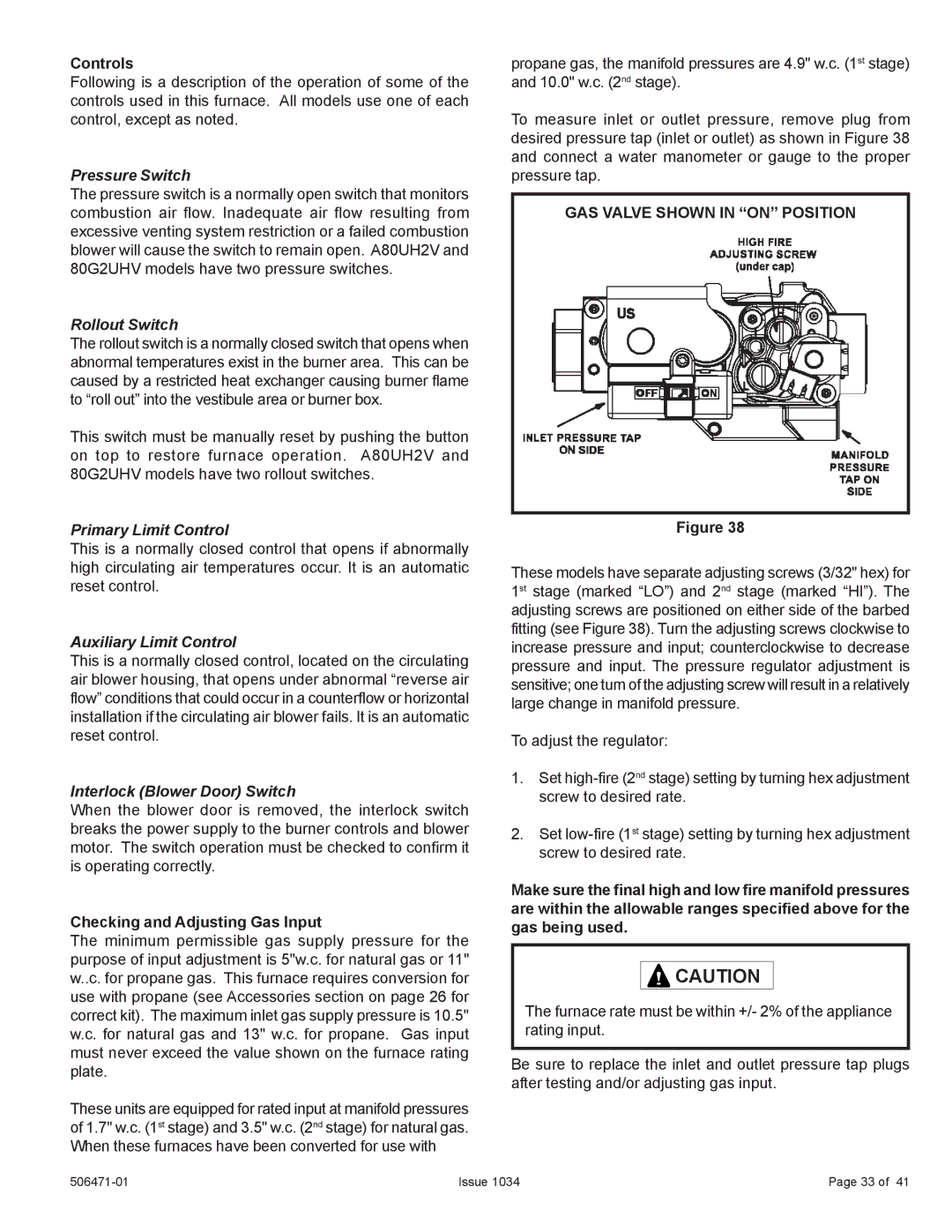 Allied Air Enterprises 80G1UH2V, A80UH2V Controls, Checking and Adjusting Gas Input, GAS Valve Shown in on Position 