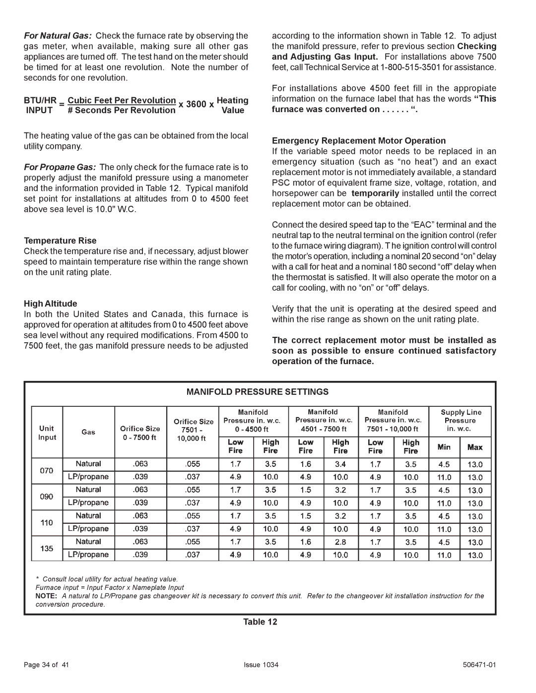 Allied Air Enterprises A80UH2V, 80G1UH2V installation instructions Btu/Hr, Input, Manifold Pressure Settings 