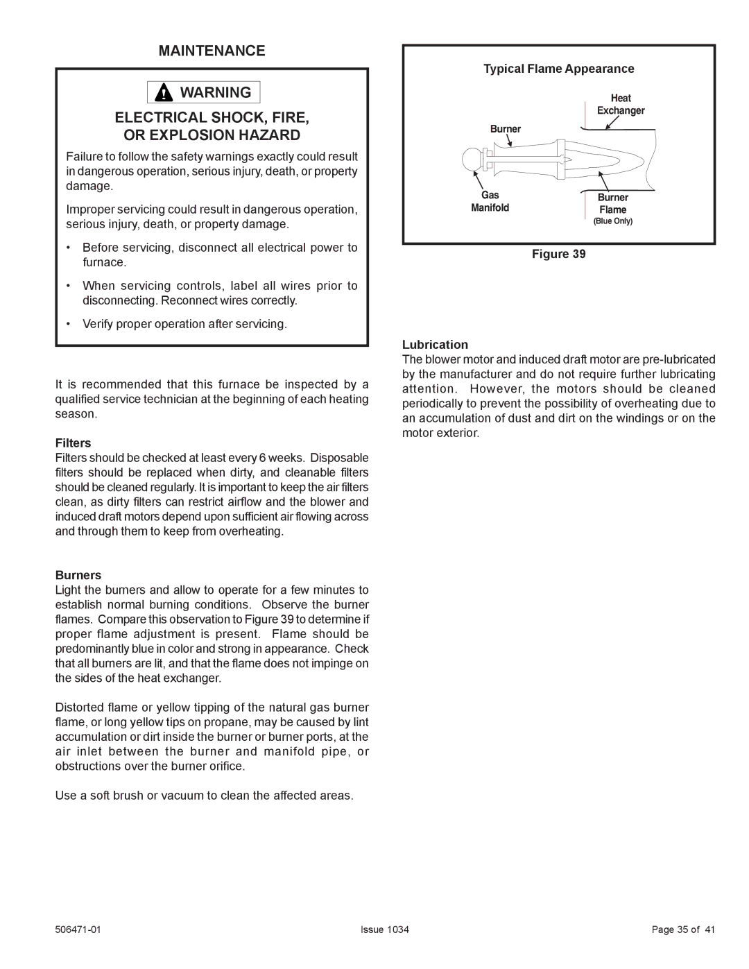 Allied Air Enterprises 80G1UH2V, A80UH2V installation instructions Burners, Typical Flame Appearance, Lubrication 