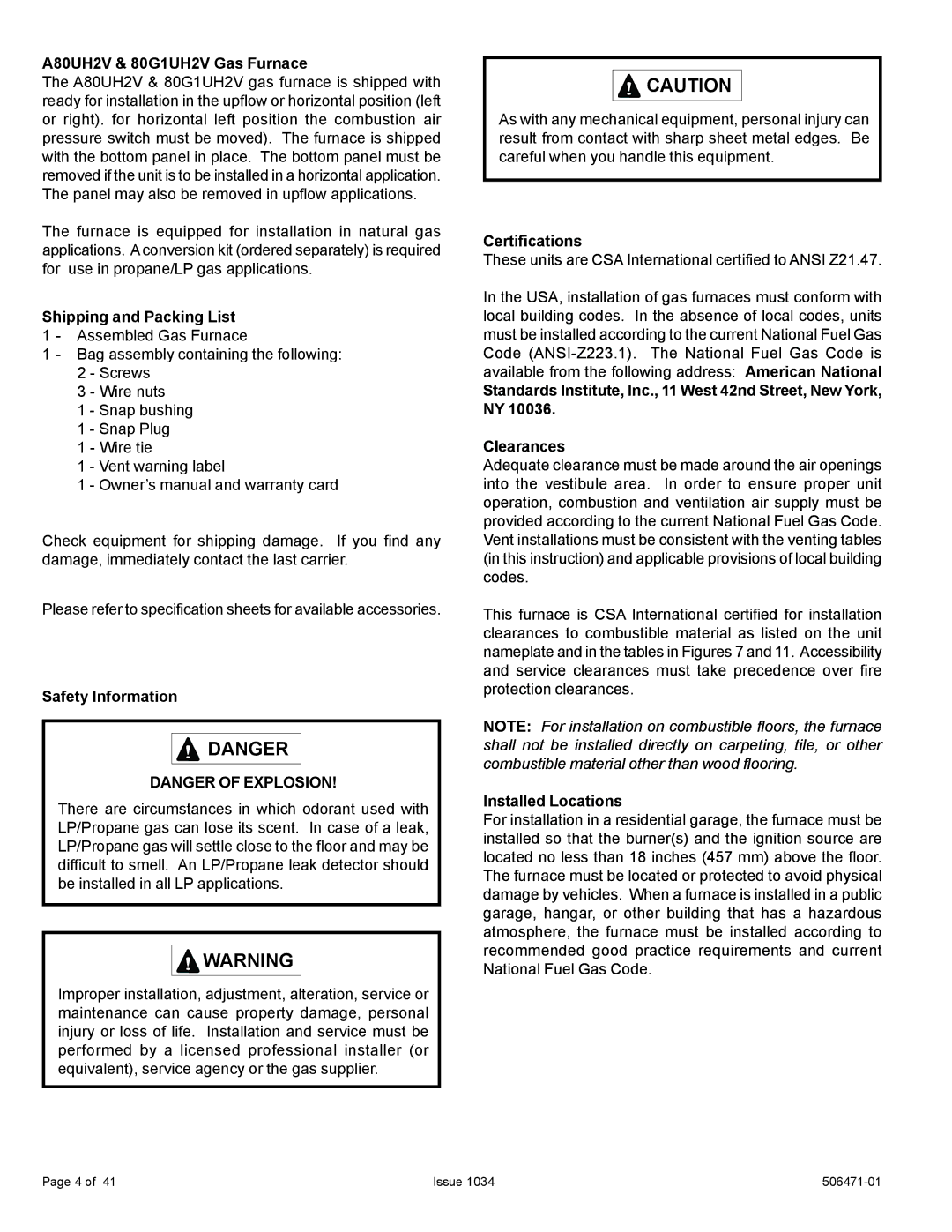 Allied Air Enterprises A80UH2V & 80G1UH2V Gas Furnace, Shipping and Packing List, Safety Information, Certifications 