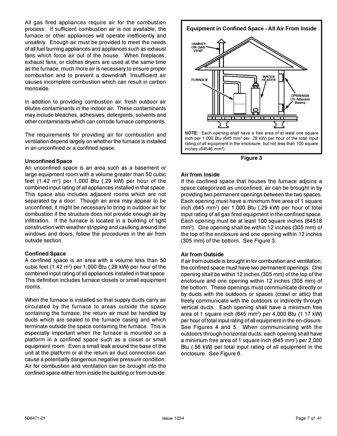 Allied Air Enterprises 80G1UH2V, A80UH2V installation instructions Unconfined Space, Confined Space, Air from Outside 