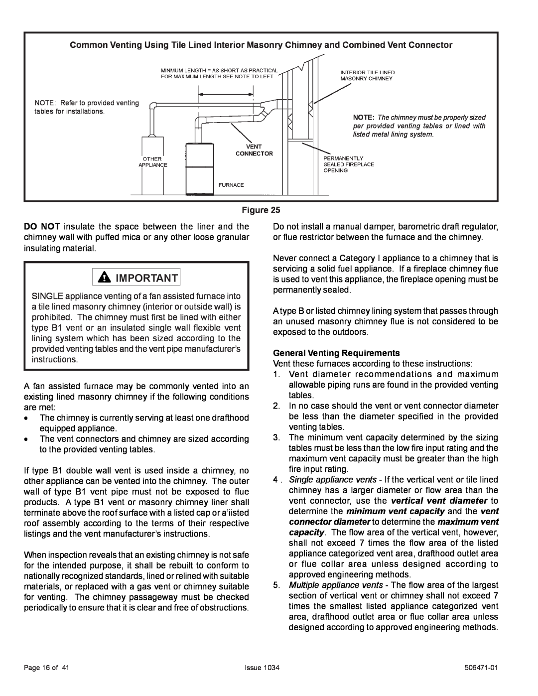 Allied Air Enterprises A80UH2V, 80G1UH2V General Venting Requirements, Page 16 of, Issue, 506471-01 