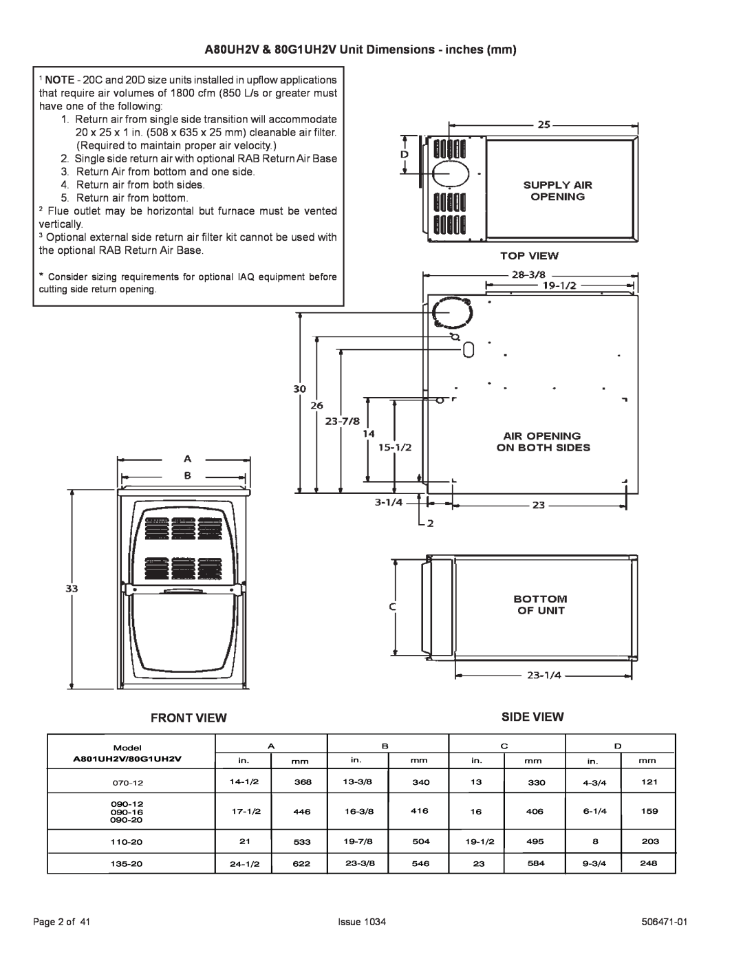 Allied Air Enterprises installation instructions A80UH2V & 80G1UH2V Unit Dimensions - inches mm, Front View, Side View 