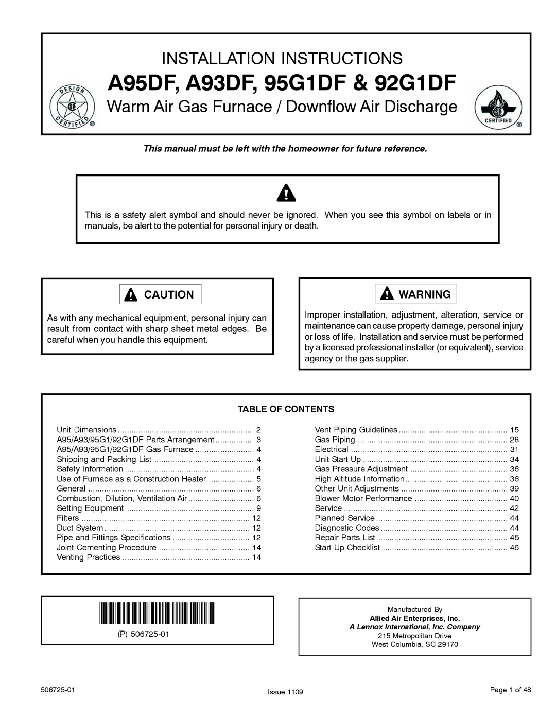 Allied Air Enterprises dimensions A95DF, A93DF, 95G1DF & 92G1DF, Table of Contents 