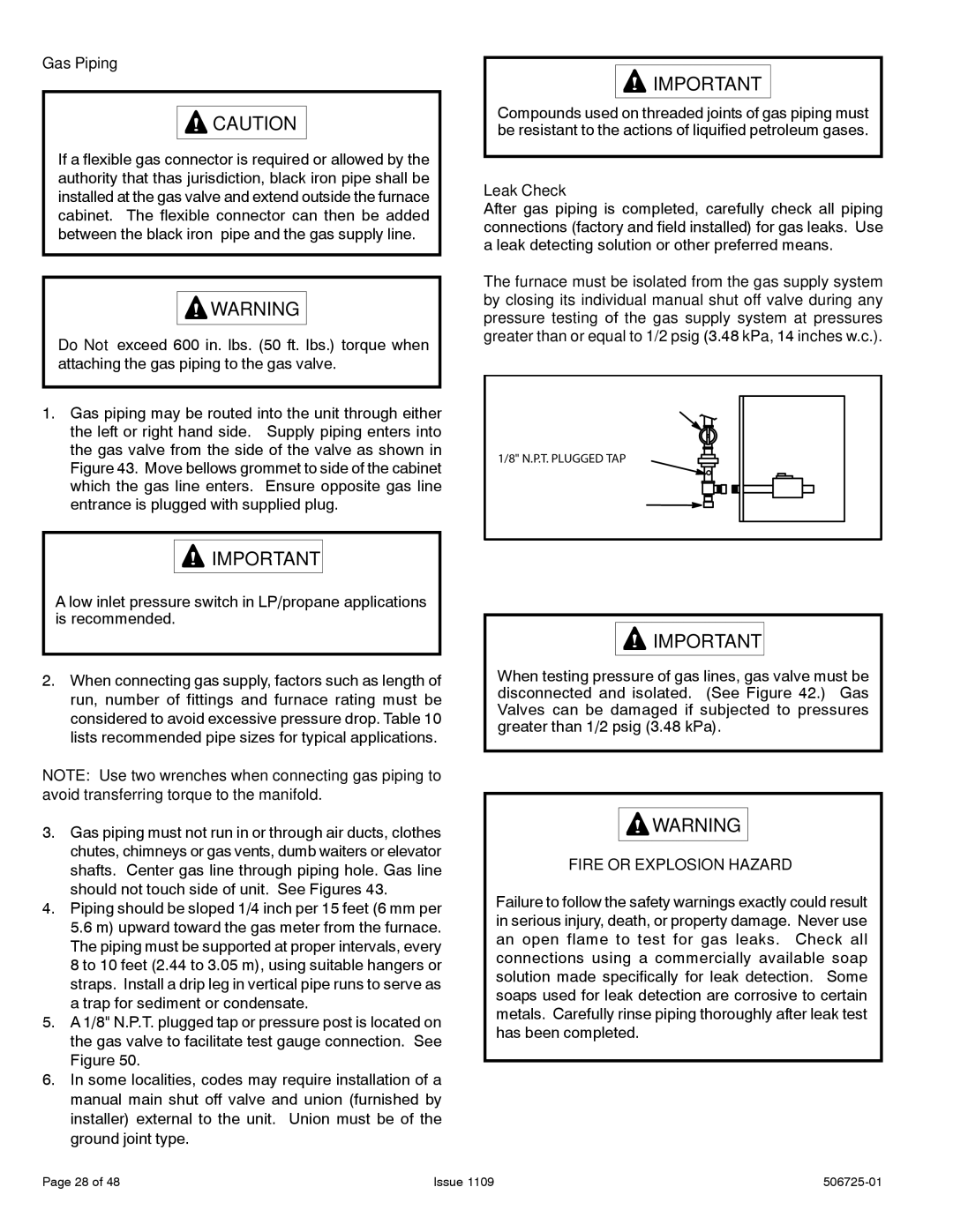 Allied Air Enterprises A95DF, 92G1DF, A93DF, 95G1DF dimensions Gas Piping, Leak Check, Fire or Explosion Hazard 