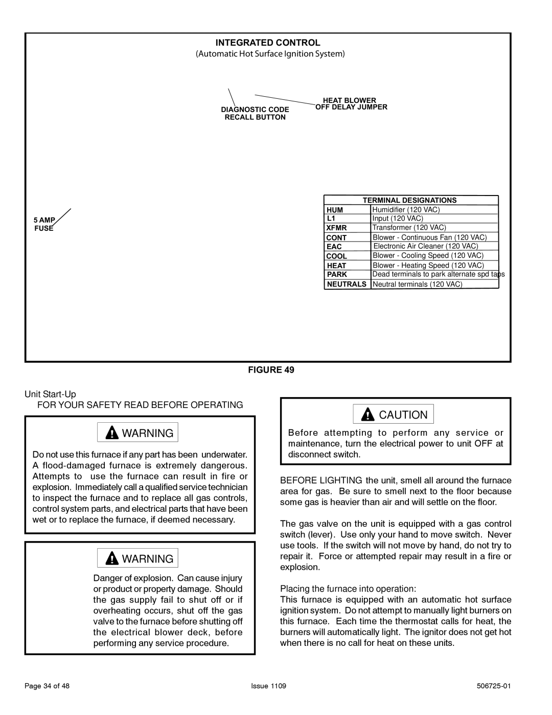 Allied Air Enterprises A93DF, A95DF, 92G1DF, 95G1DF Integrated Control, Automatic Hot Surface Ignition System, Unit Start-Up 