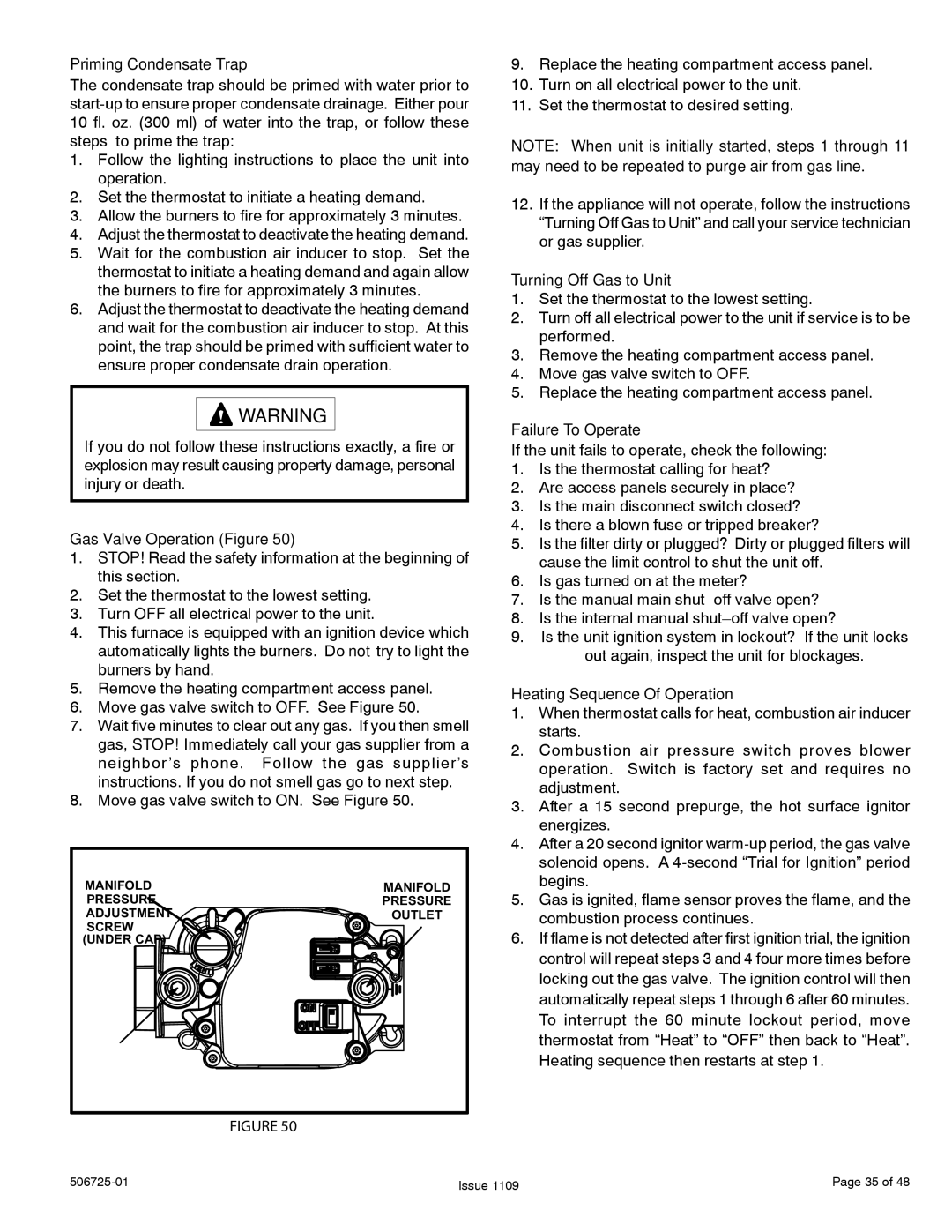 Allied Air Enterprises 95G1DF, A95DF, 92G1DF Priming Condensate Trap, Gas Valve Operation Figure, Turning Off Gas to Unit 