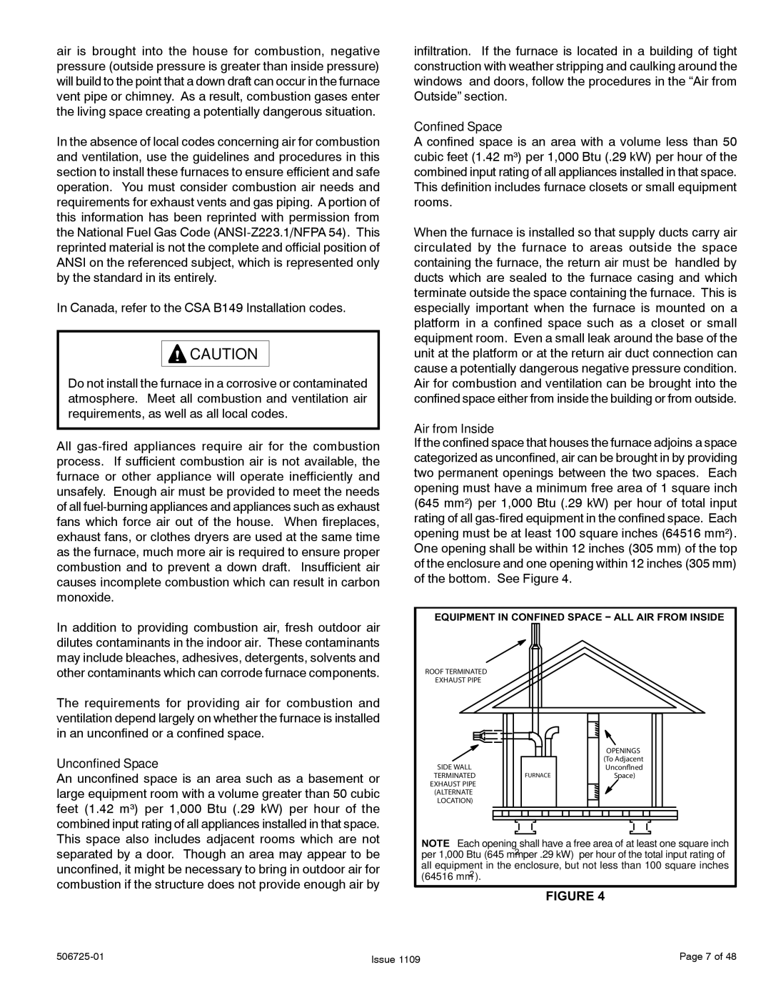 Allied Air Enterprises 95G1DF, A95DF, 92G1DF, A93DF dimensions Unconfined Space, Confined Space, Air from Inside 