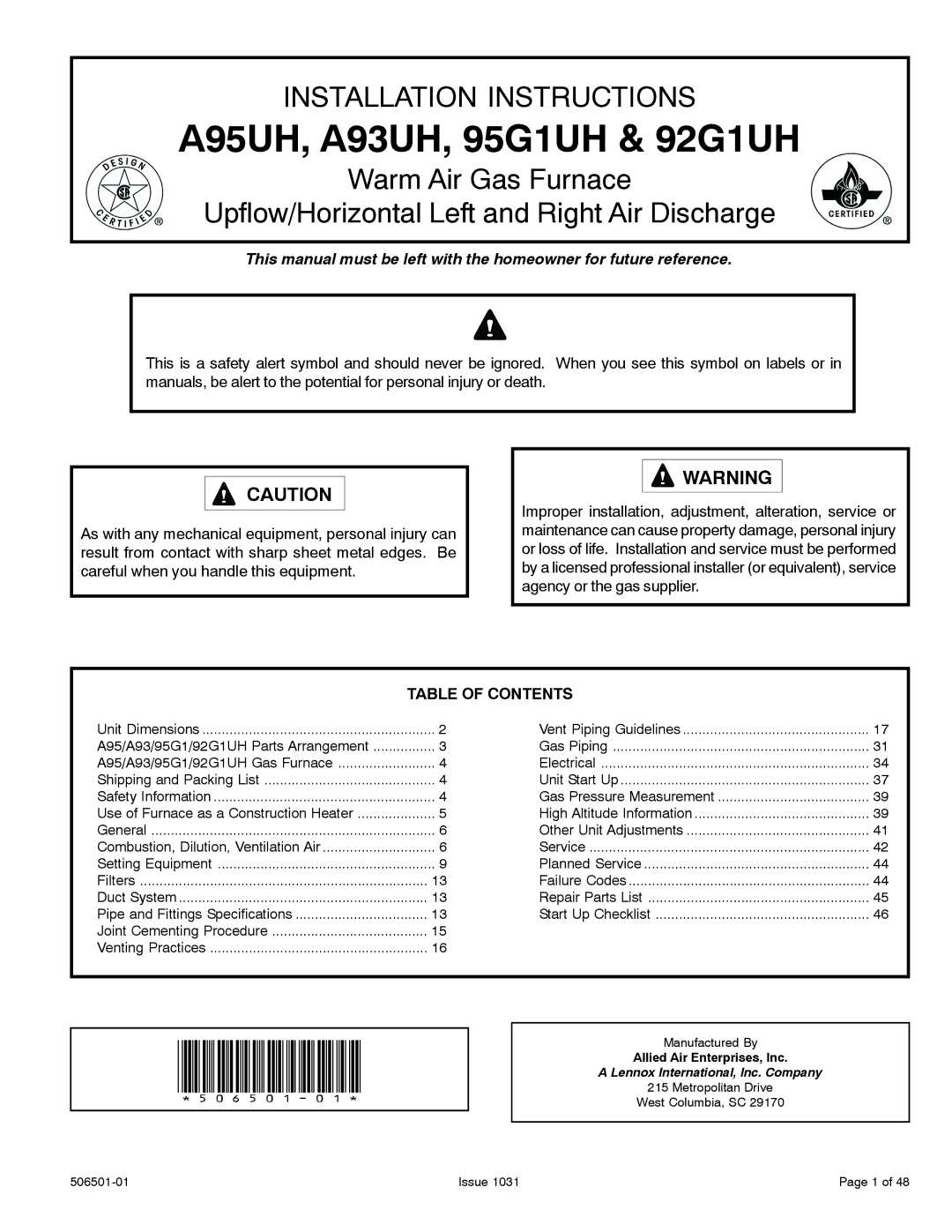 Allied Air Enterprises installation instructions A95UH, A93UH, 95G1UH & 92G1UH, Table of Contents 