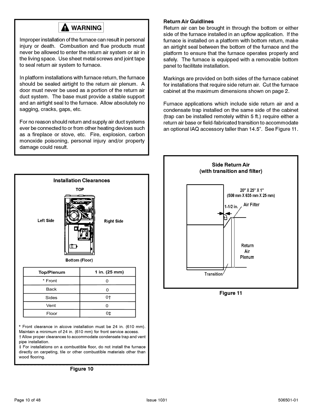 Allied Air Enterprises A93UH Installation Clearances, Return Air Guidlines, Side Return Air With transition and filter 