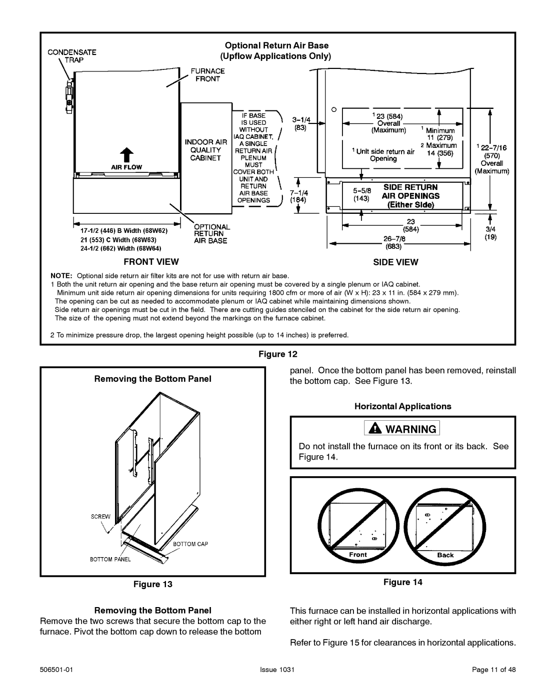 Allied Air Enterprises 92G1UH, A95UH, 95G1UH Optional Return Air Base Upflow Applications Only, Removing the Bottom Panel 