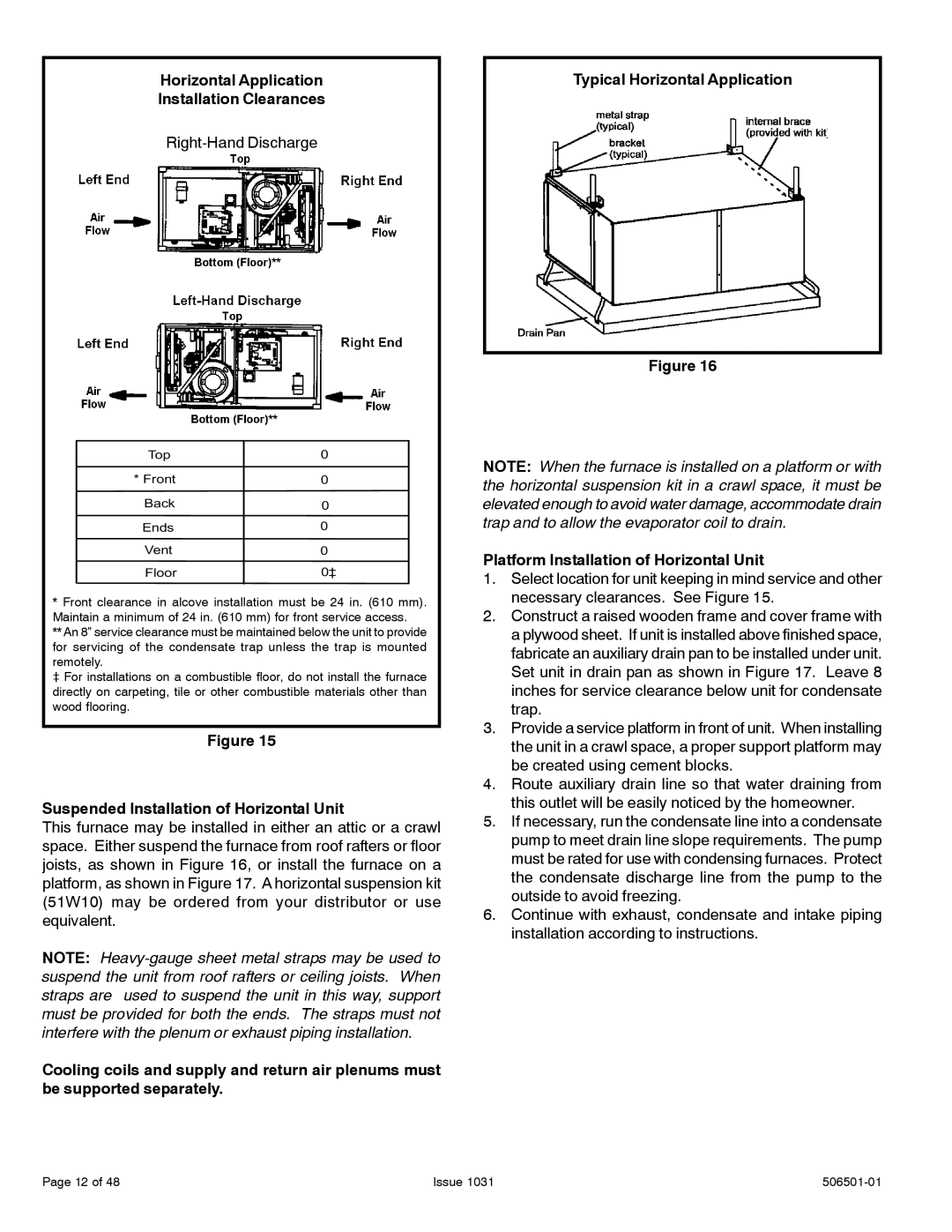 Allied Air Enterprises A95UH Horizontal Application Installation Clearances, Suspended Installation of Horizontal Unit 