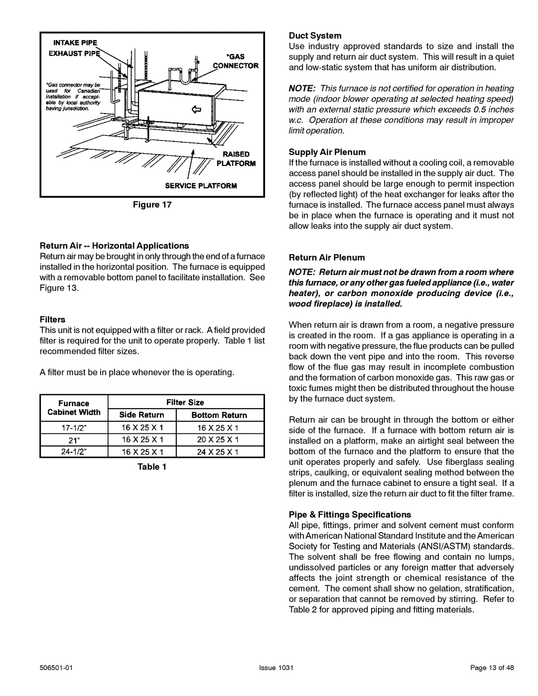 Allied Air Enterprises 95G1UH, A95UH, A93UH Return Air -- Horizontal Applications, Filters, Duct System, Supply Air Plenum 