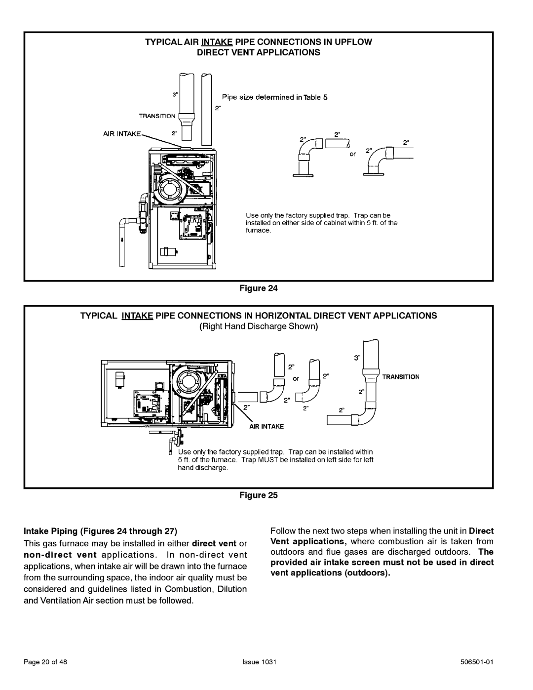 Allied Air Enterprises A95UH, 95G1UH, A93UH, 92G1UH installation instructions Intake Piping Figures 24 through 