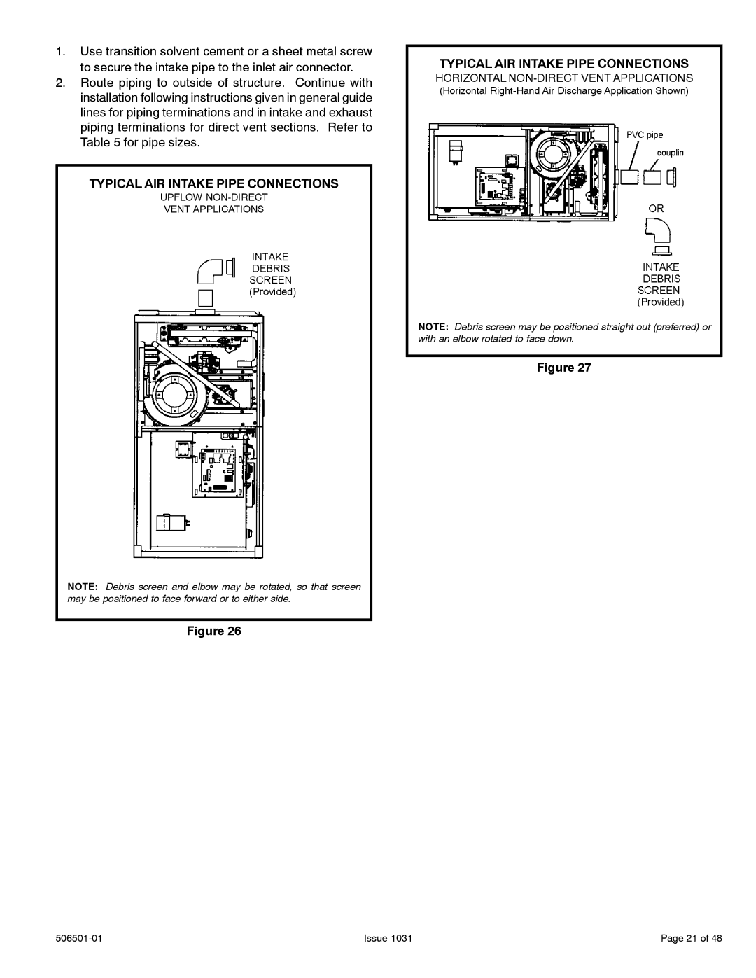 Allied Air Enterprises 95G1UH, A95UH, A93UH, 92G1UH installation instructions Typical AIR Intake Pipe Connections 