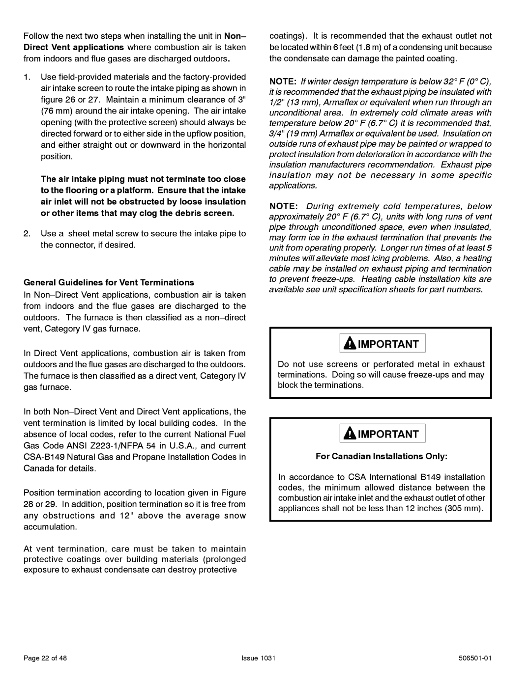 Allied Air Enterprises A93UH, A95UH, 95G1UH General Guidelines for Vent Terminations, For Canadian Installations Only 