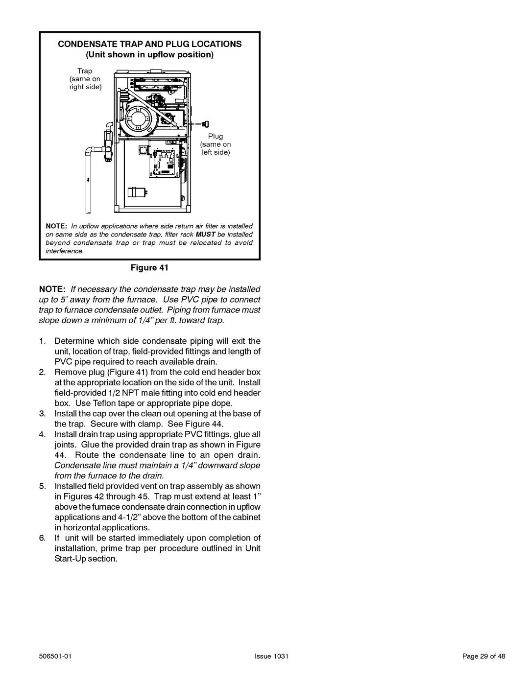 Allied Air Enterprises 95G1UH, A95UH, A93UH, 92G1UH Condensate Trap and Plug Locations, Unit shown in upflow position 