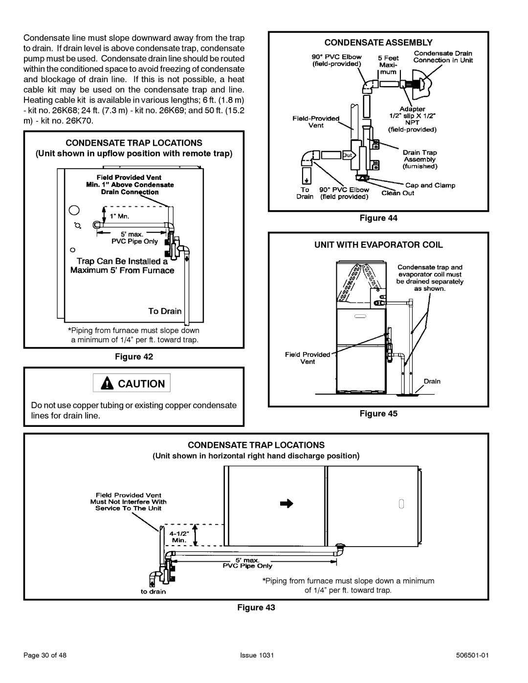 Allied Air Enterprises A93UH, A95UH, 95G1UH Condensate Trap Locations, Unit shown in upflow position with remote trap 