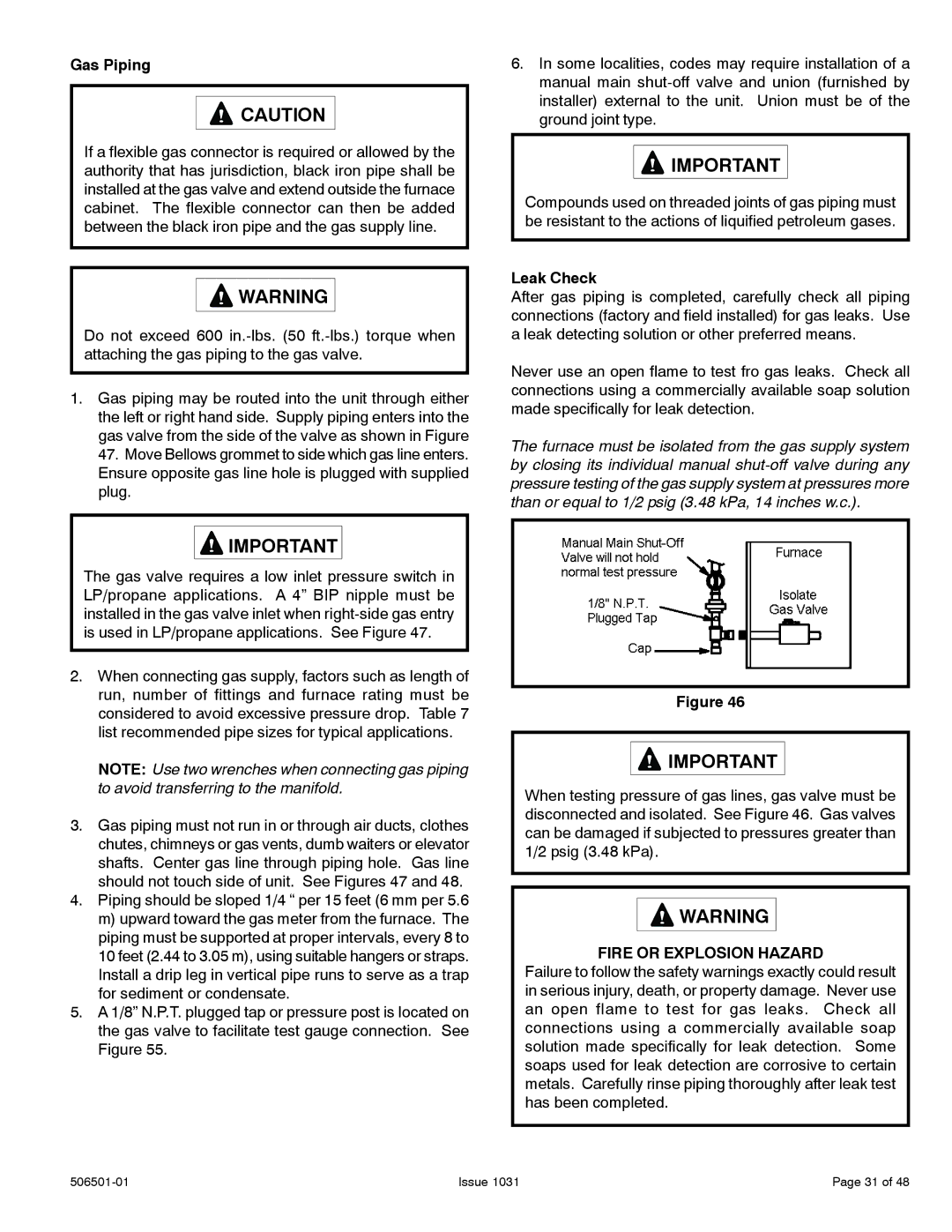 Allied Air Enterprises 92G1UH, A95UH, 95G1UH, A93UH installation instructions Gas Piping, Leak Check, Fire or Explosion Hazard 