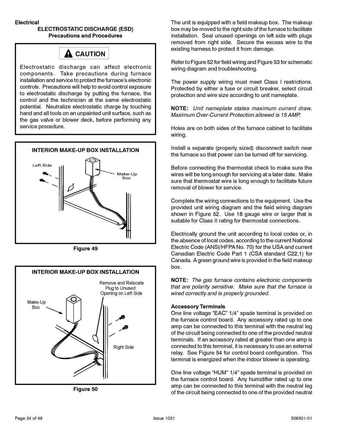 Allied Air Enterprises A93UH Electrical, Electrostatic Discharge ESD, Precautions and Procedures, Accessory Terminals 