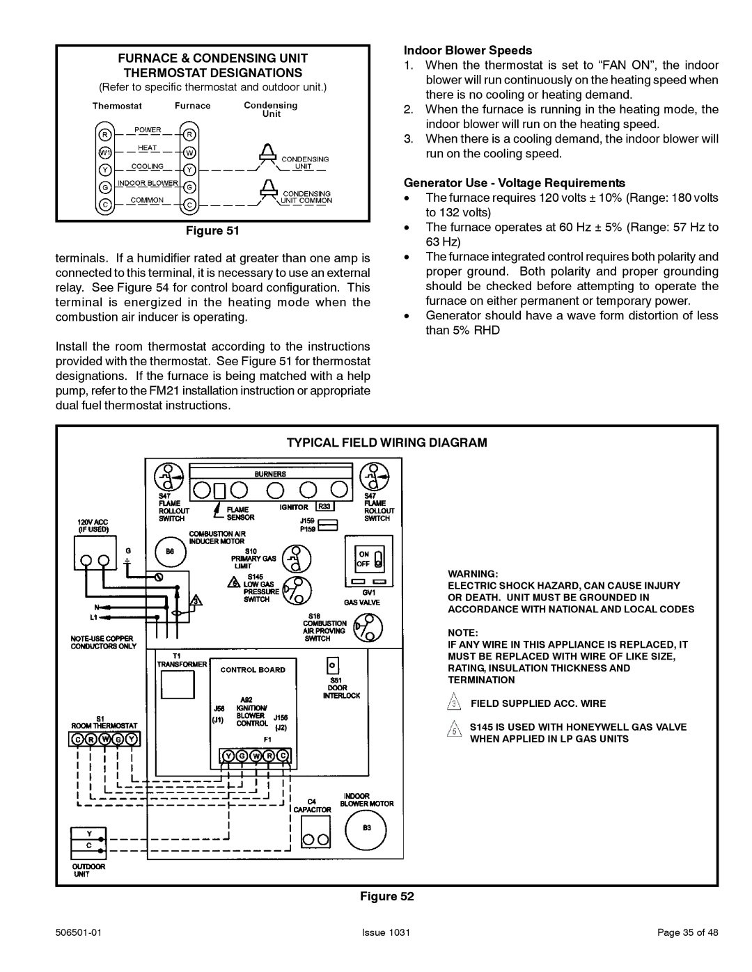 Allied Air Enterprises 92G1UH, A95UH, 95G1UH, A93UH Furnace & Condensing Unit Thermostat Designations, Indoor Blower Speeds 