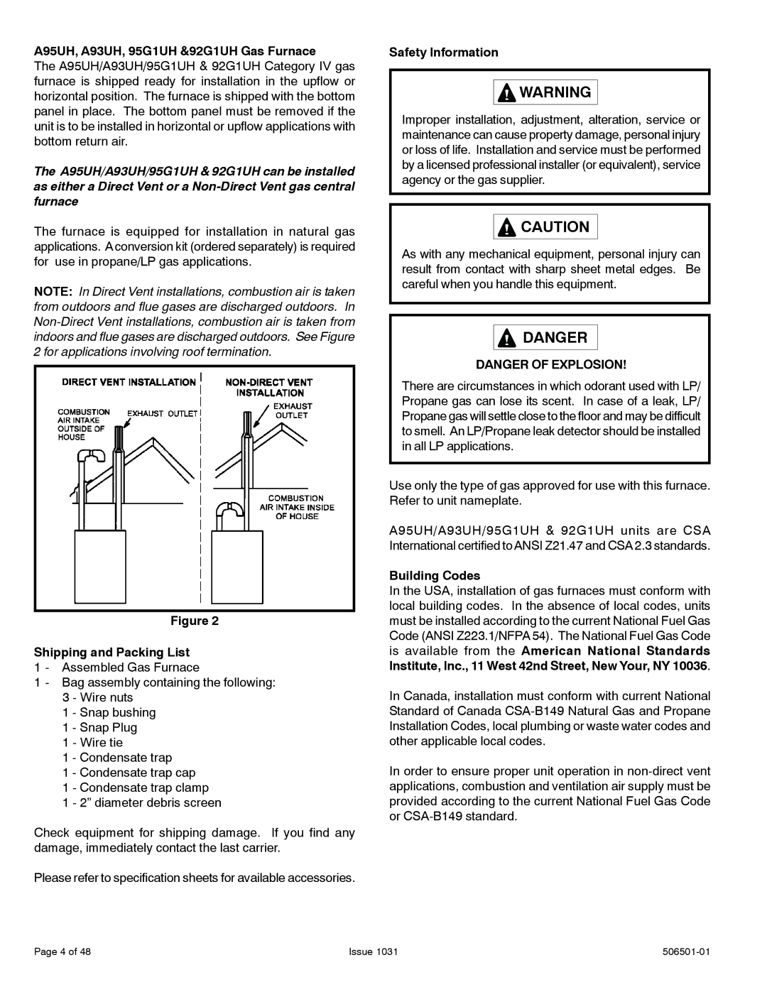 Allied Air Enterprises A95UH, A93UH, 95G1UH &92G1UH Gas Furnace, Shipping and Packing List, Safety Information 