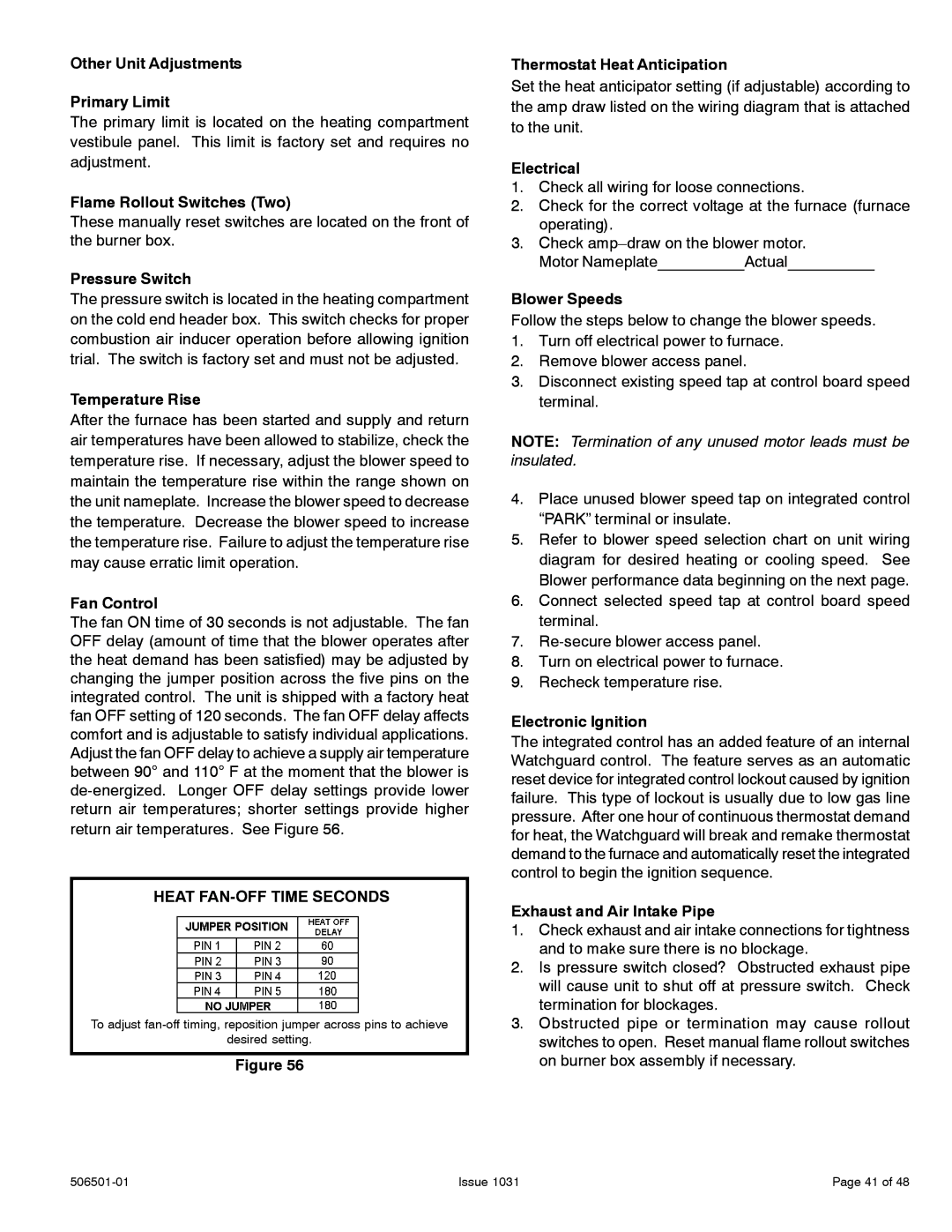 Allied Air Enterprises 95G1UH, A95UH, A93UH, 92G1UH installation instructions Heat FAN-OFF Time Seconds 