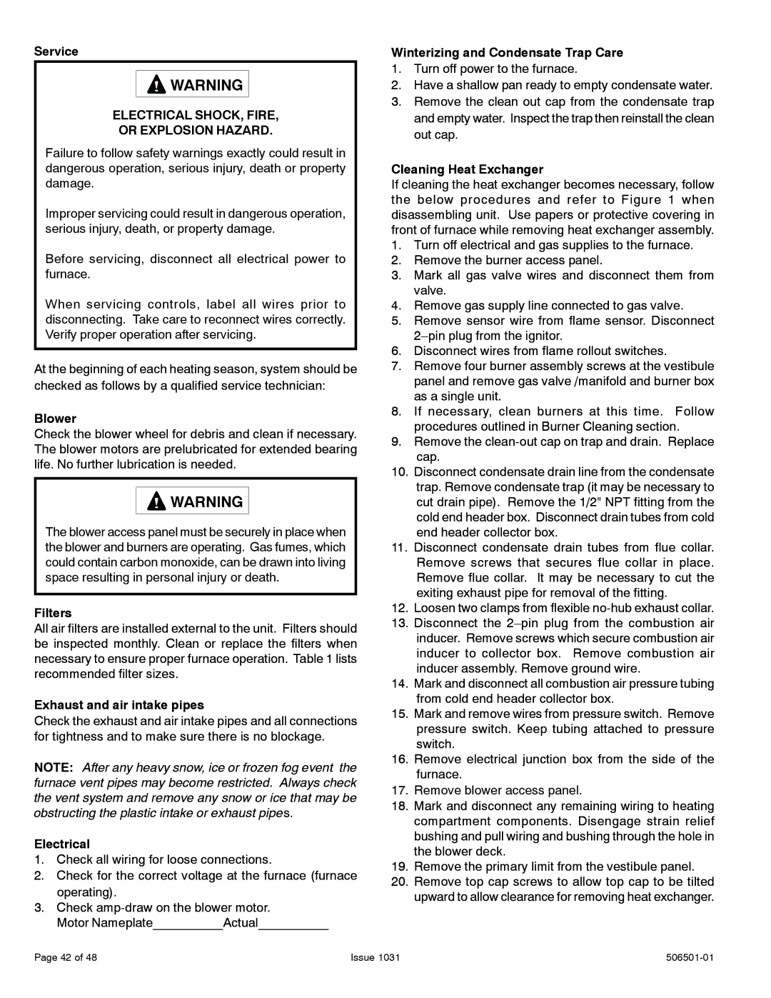 Allied Air Enterprises A93UH, A95UH, 95G1UH, 92G1UH installation instructions Electrical SHOCK, Fire Or Explosion Hazard 