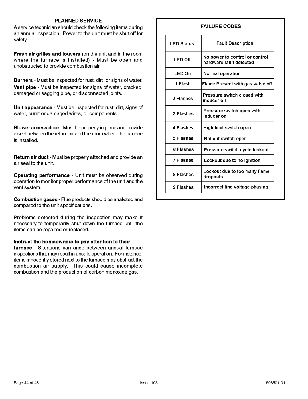 Allied Air Enterprises A95UH, 95G1UH, A93UH, 92G1UH installation instructions Planned Service, Failure Codes 