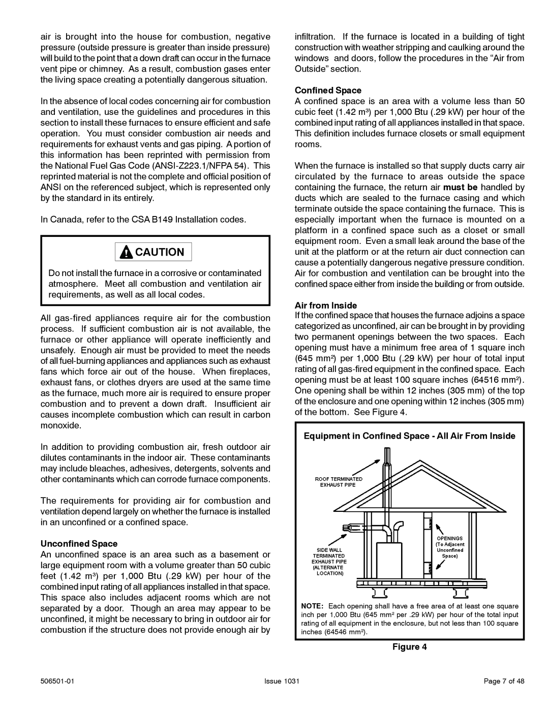 Allied Air Enterprises 92G1UH, A95UH, 95G1UH, A93UH Unconfined Space, Confined Space, Air from Inside 