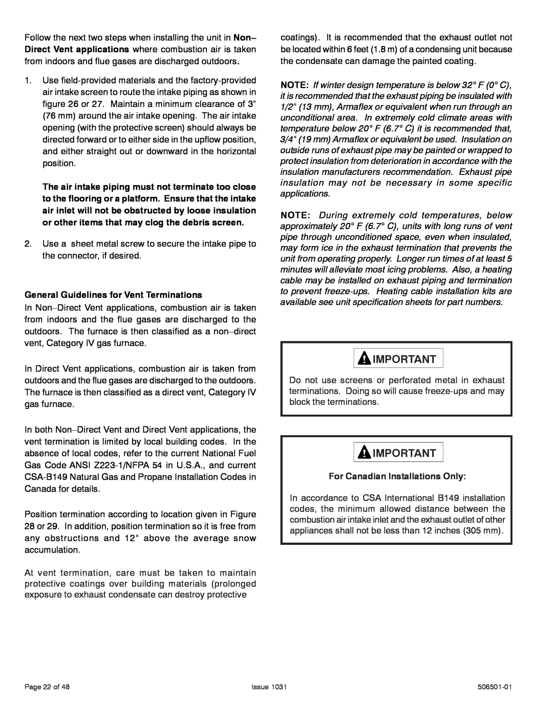 Allied Air Enterprises A93UH General Guidelines for Vent Terminations, For Canadian Installations Only, Page 22 of, Issue 
